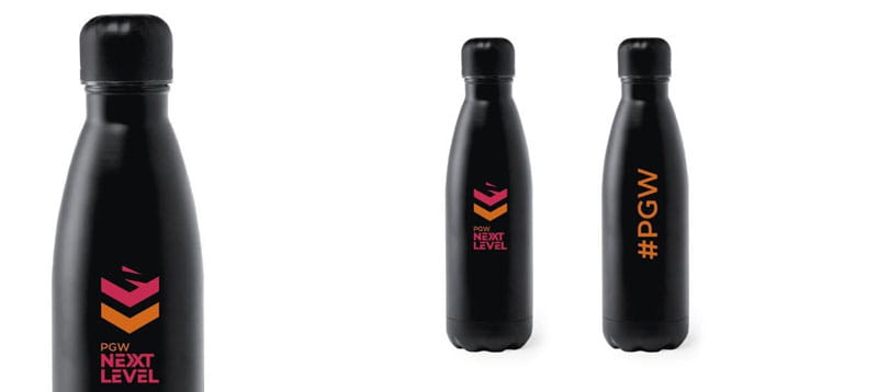 Black water bottle with Paris Games Week Next Level logo
