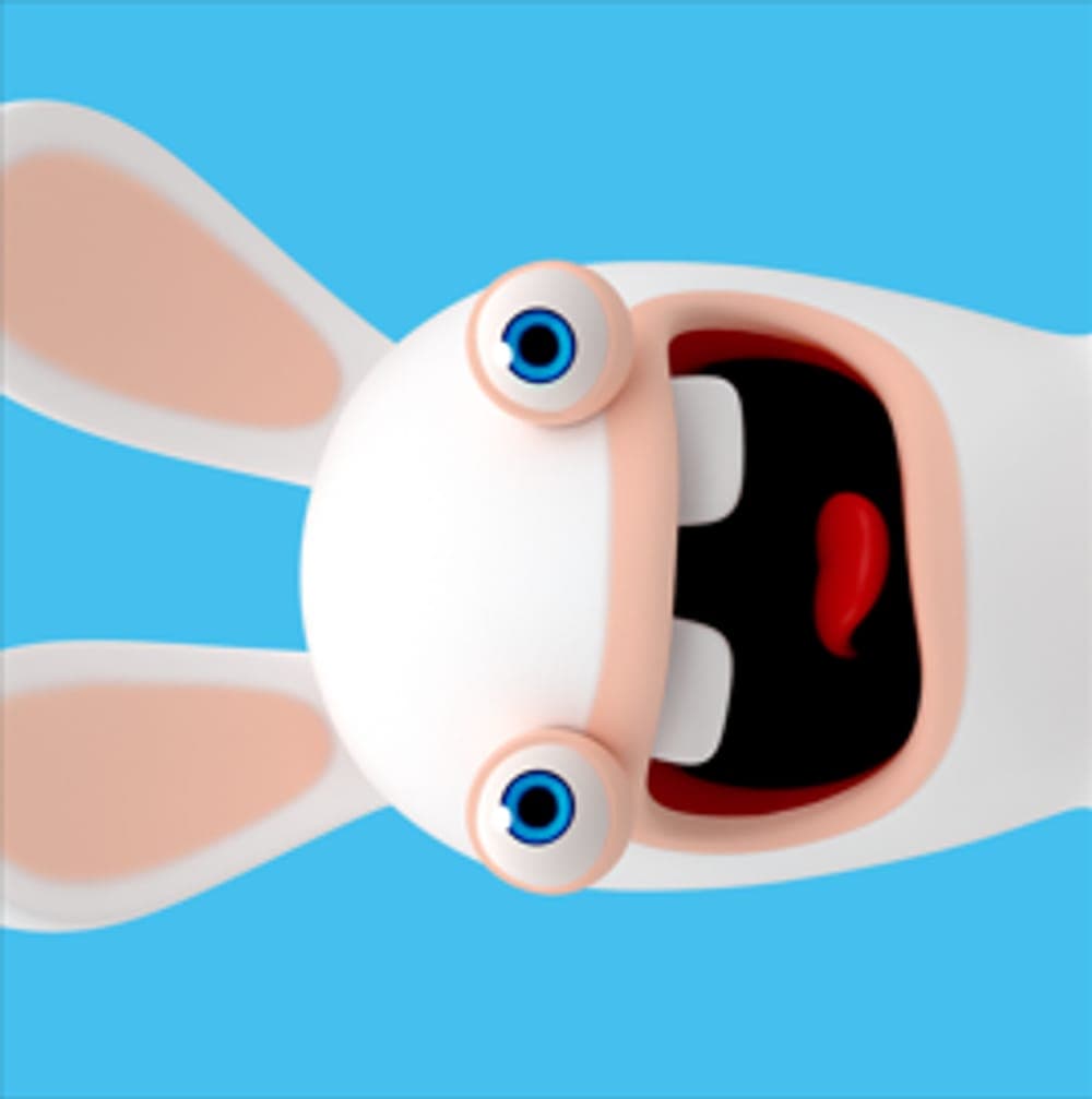 Photo avec la mascotte Lapin Crétin